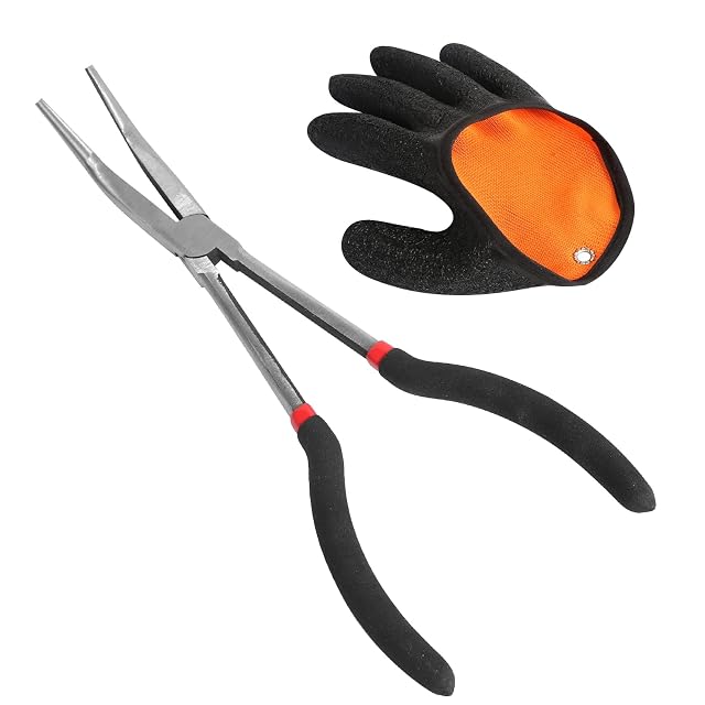 Alicates de pesca curvos DELAESI de 28 cm con guante de mano derecha