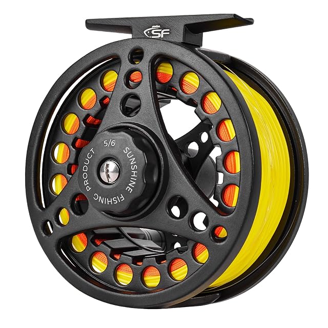 Carrete de mosca SF negro mate de arbor grande con línea amarillo fluorescente, talla 5/6