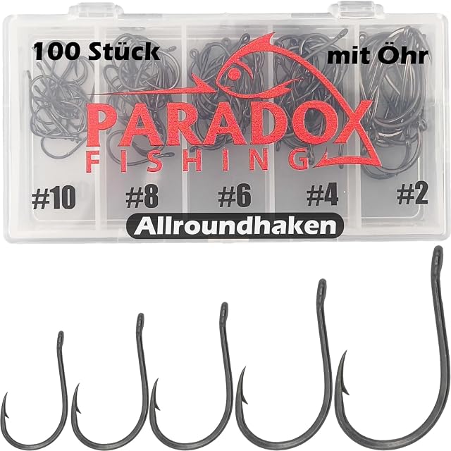 Juego de 100 anzuelos de pesca con ojal Paradox Fishing en cinco tallas