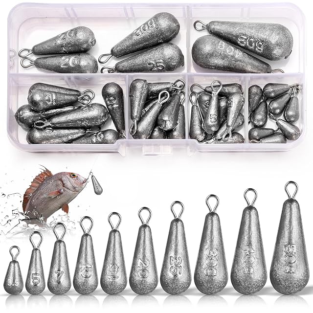 Juego de 40 plomos de pesca en forma de pera Annyswit en diez tallas