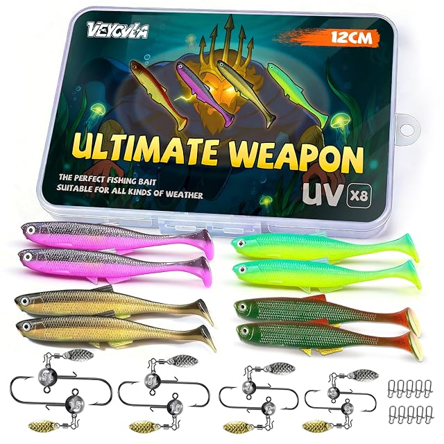 Juego de shads blandos VEYCVLA de 12 cm con cabezas plomadas de paleta y caja