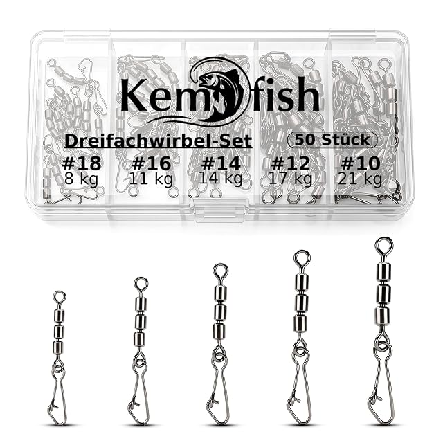 Juego de 50 emerillones triples Kemfish con grapas y caja